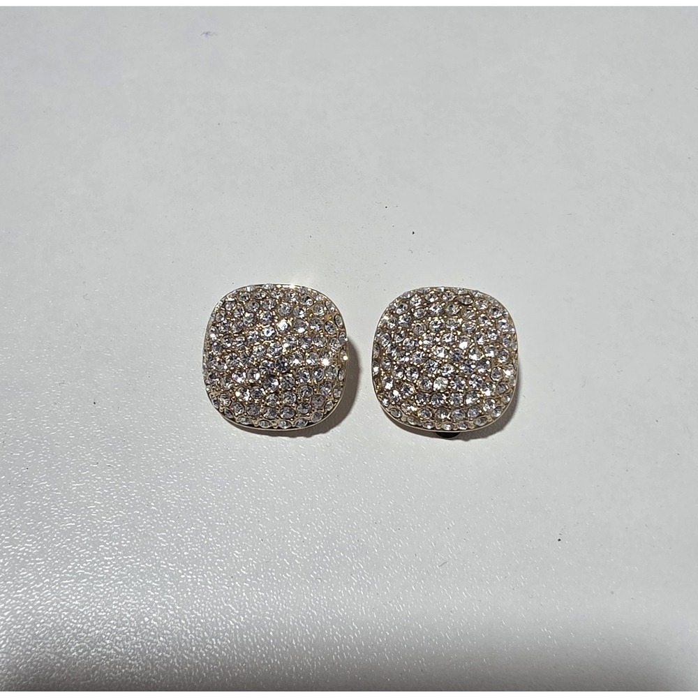 Vintage CL Marked Gold Tone Clear Rhinestone Pave Clip-On Earrings Square
